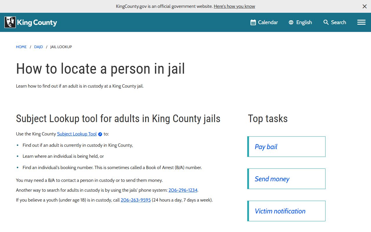 King County Sex Offenders jail inmate lookup page