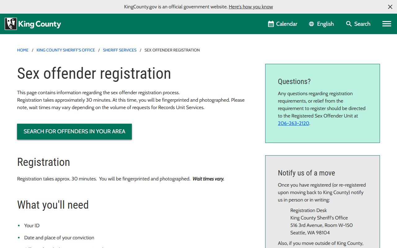 King County Sex Offenders registration page