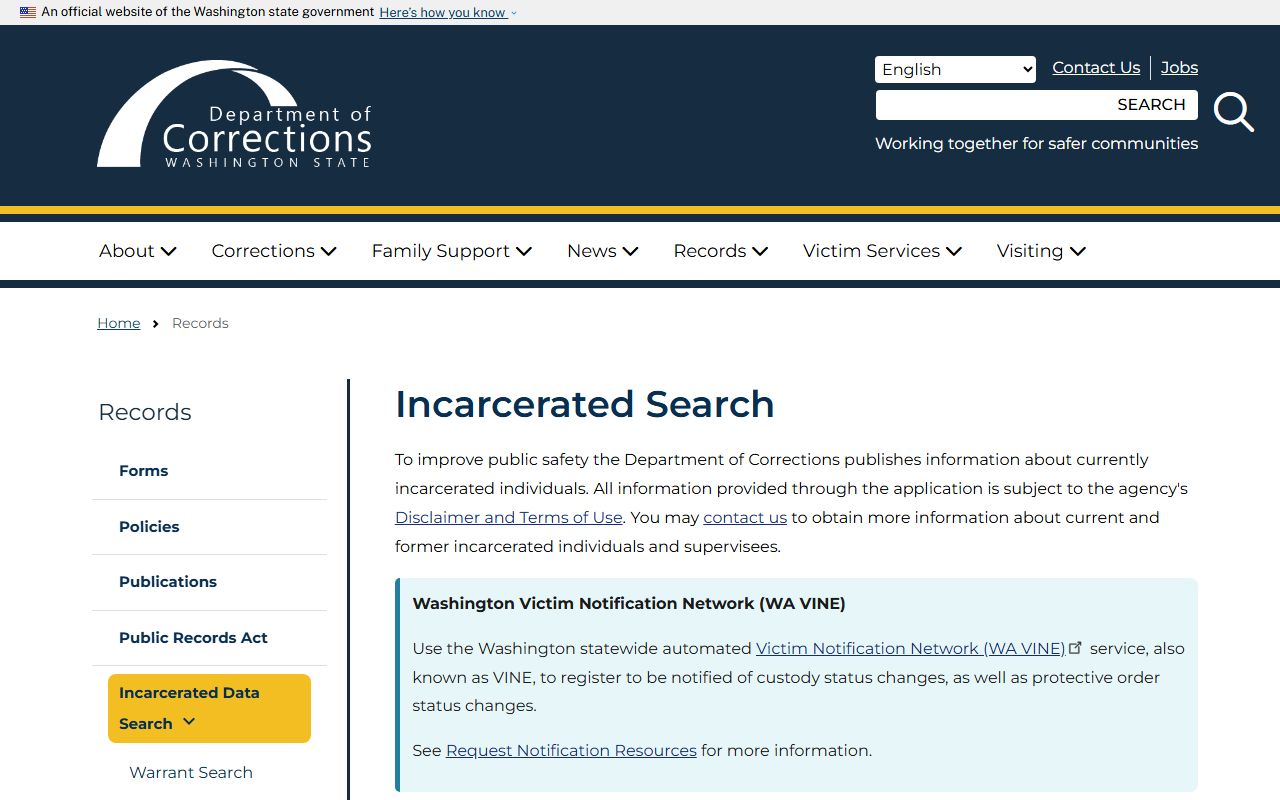 Washington Sex Offenders DOC incarcerated search page
