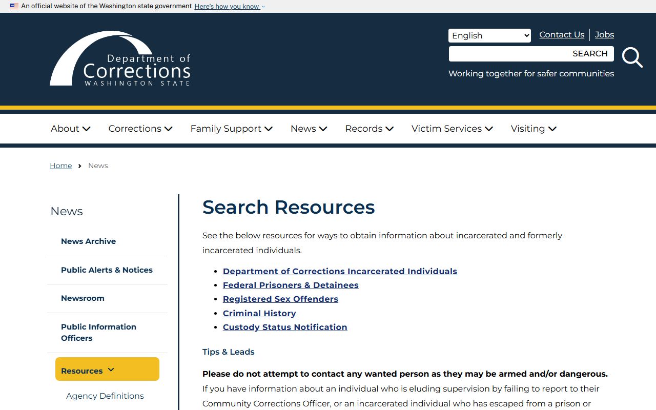 Washington Sex Offenders DOC search resources page