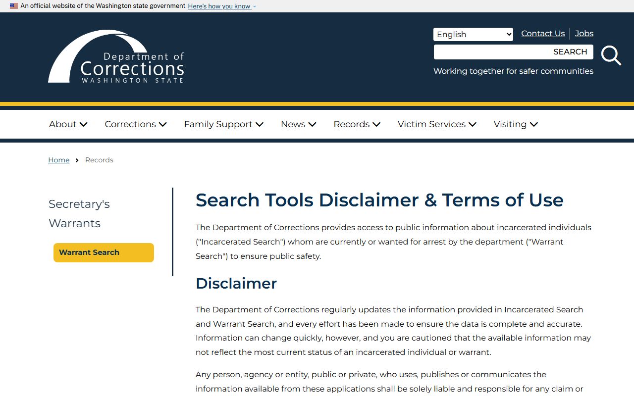 Washington Sex Offenders DOC search tools disclaimer page