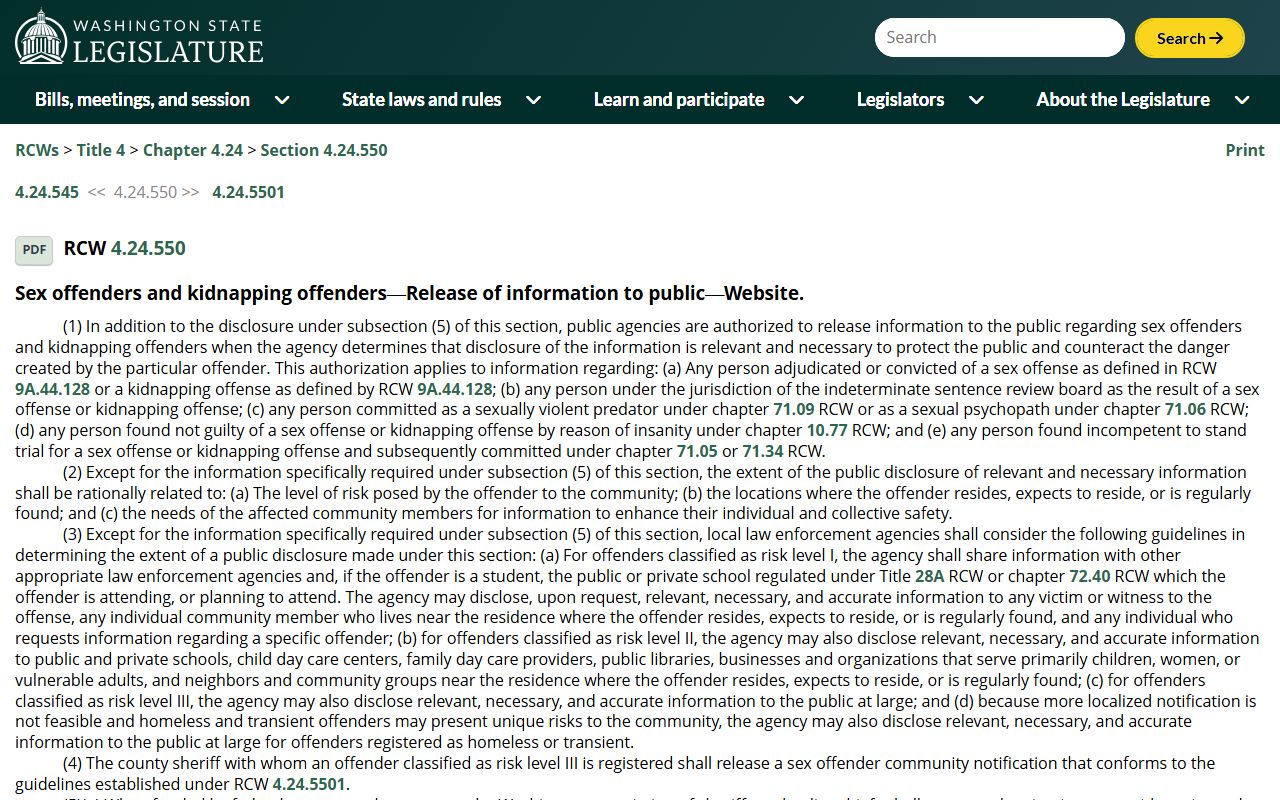 Washington Sex Offenders RCW 4.24.550 statute page
